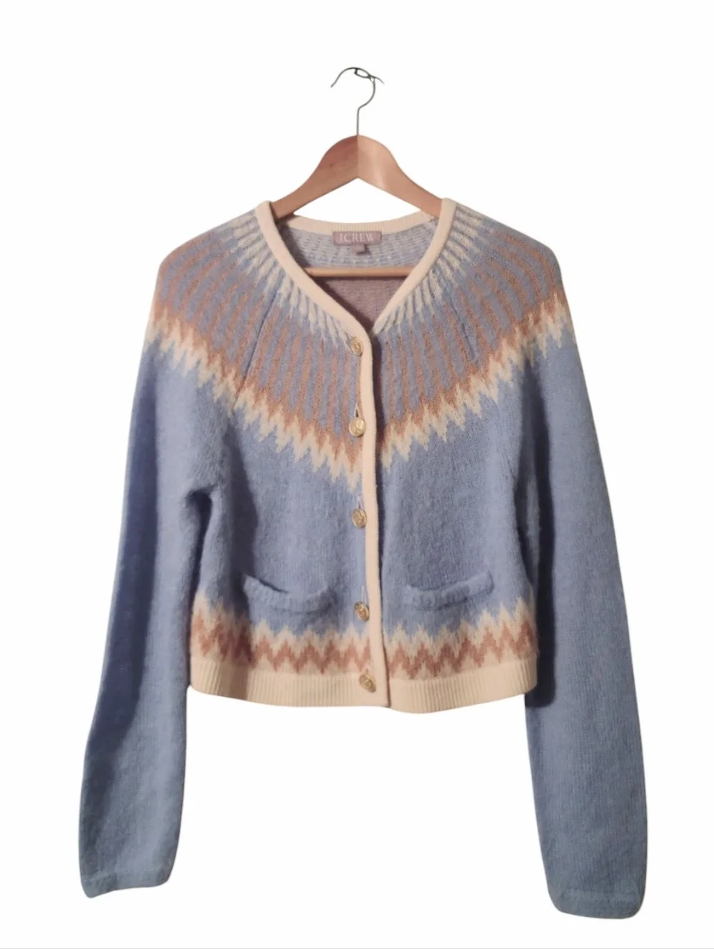 J Crew Alpaca Wool Gold Button Front Cardigan Fair Isle Crewneck Sweater - Picture 2 of 10